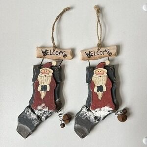 Vintage 2 Welcome Wooden Santa Claus Ornaments With Rusted Bells
